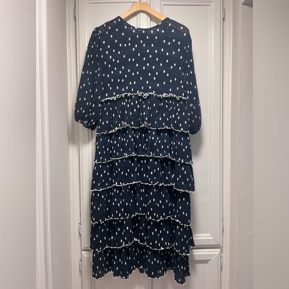 GANNI Lowell Ruffled Polka Dot Dress Navy Blue Midi Size 38 6 US Tiered Evening - Picture 2 of 8